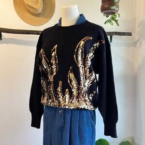 Vintage 90s Black Knit Fire Sequin Beaded Pullover Sweater Size Medium